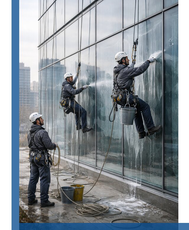 Промышленная мойка панорамных окон на высоте в Тынде