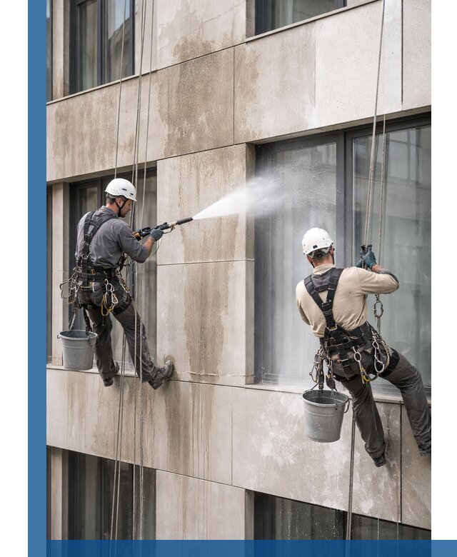 Послестроительная мойка фасада промышленным альпинизмом в Тынде