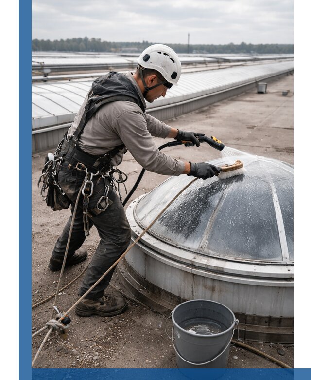 Мойка зенитных фонарей на кровле для промышленных объектов в Тынде