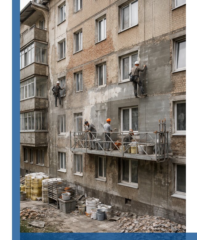 Капитальный ремонт фасада в Тынде с восстановлением и гидроизоляцией