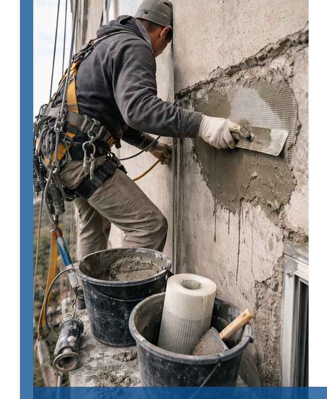 Ремонт бетонных элементов фасада промышленными альпинистами в Тынде