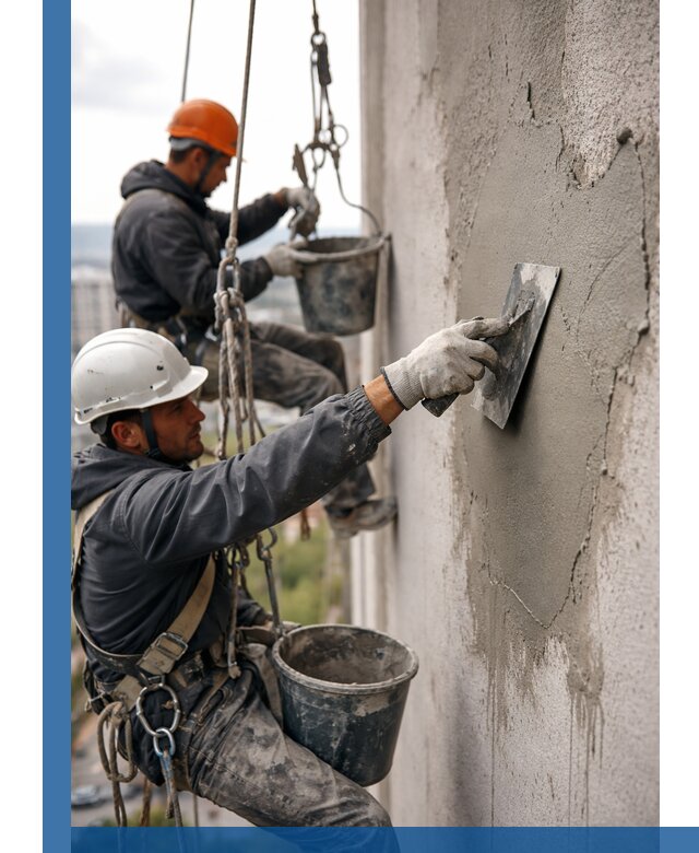 Штукатурка фасада на высоте в Тынде профессиональные работы