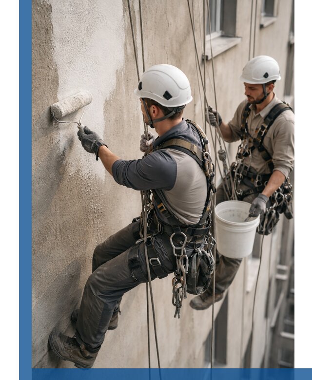 Грунтовка фасада на высоте в Тынде промышленными альпинистами