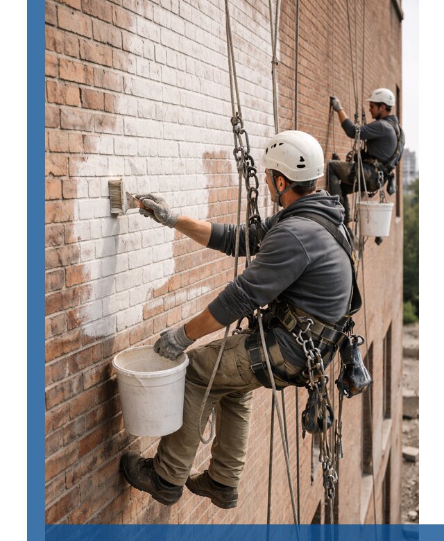 Покраска кирпичного фасада с доступным альпинистским сервисом в Тынде