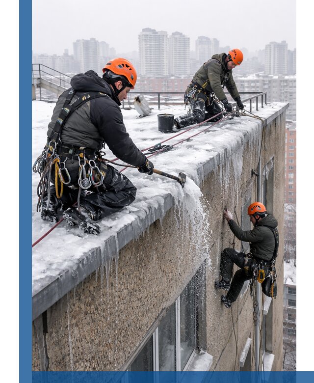 Удаление наледи с кровли в Тынде промышленными альпинистами