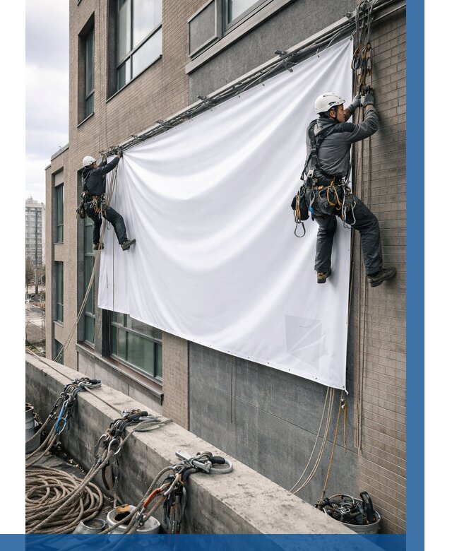 Монтаж баннеров на фасаде в Тынде от 668 р. заказать ВЫСОТНИК-Тнд