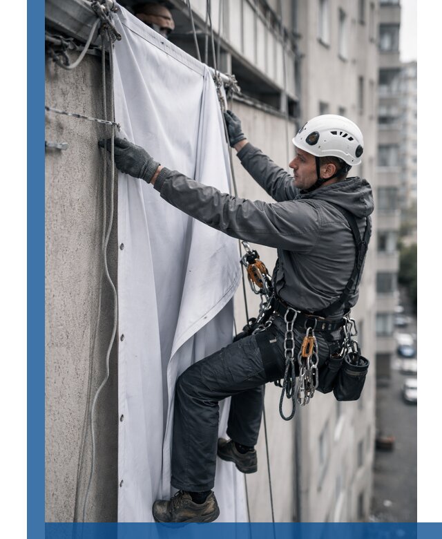 Замена баннерного полотна промышленными альпинистами в Тынде