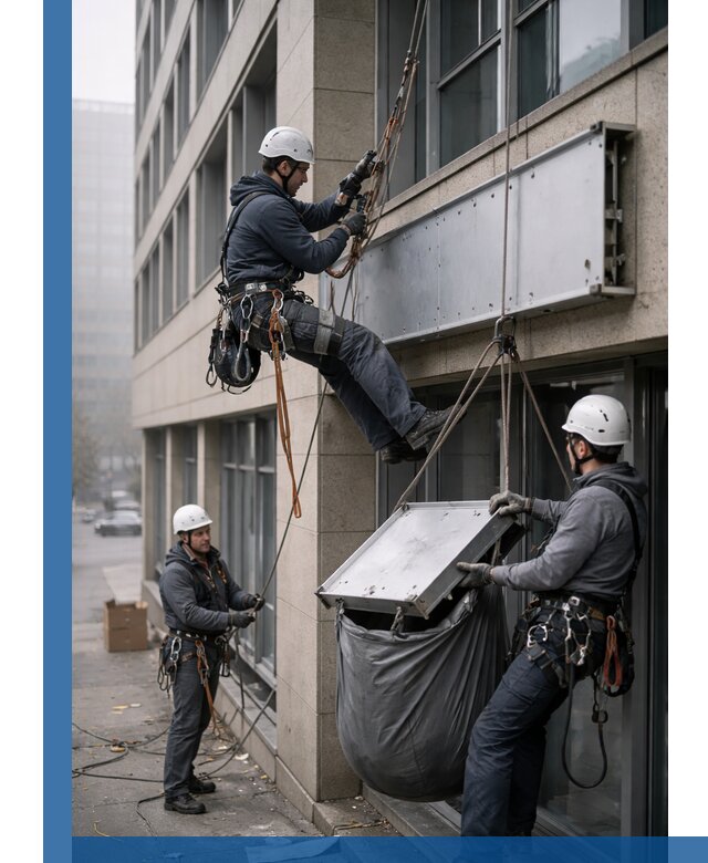 Демонтаж рекламной вывески с высотными работами в Тынде