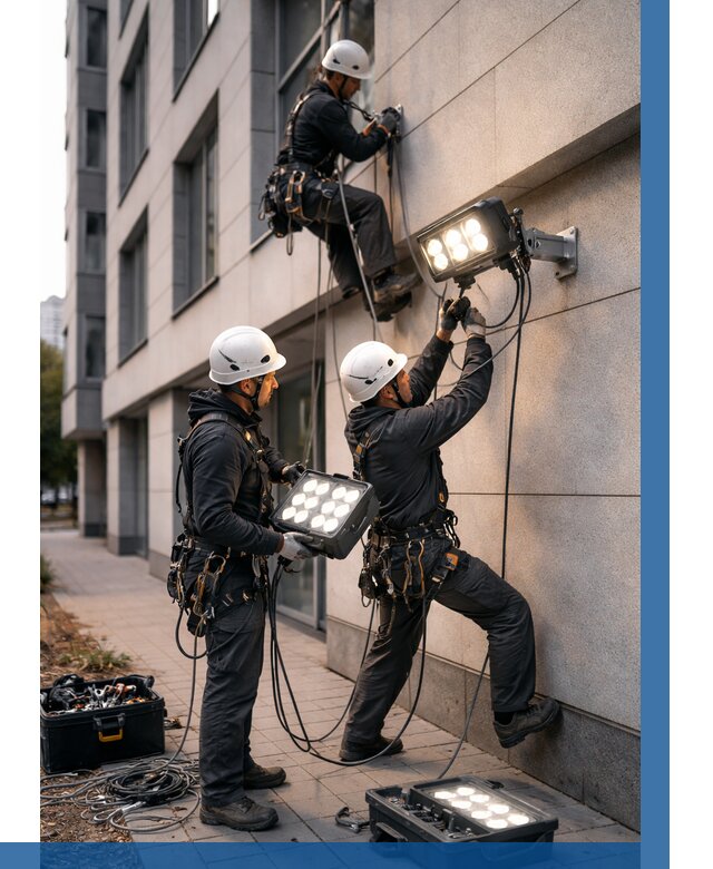 Монтаж прожекторов на фасаде в Тынде от 7708 р. | ВЫСОТНИК-Тнд