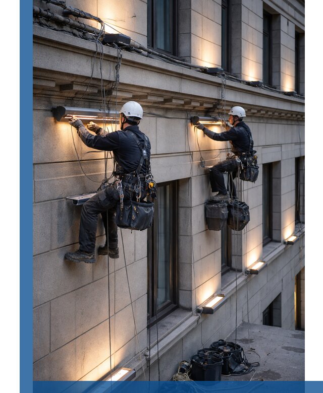 Монтаж архитектурной подсветки фасадов зданий в Тынде