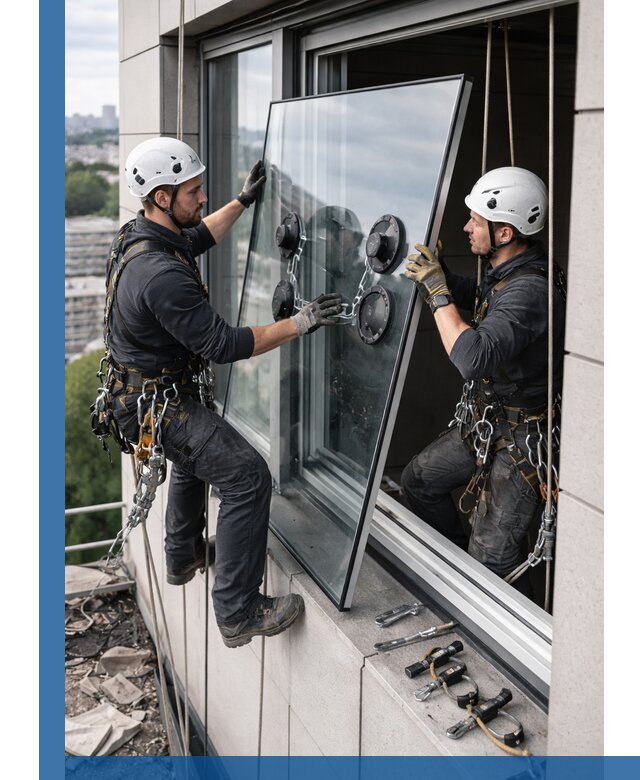 Замена стеклопакетов на высоте с промышленными альпинистами в Тынде