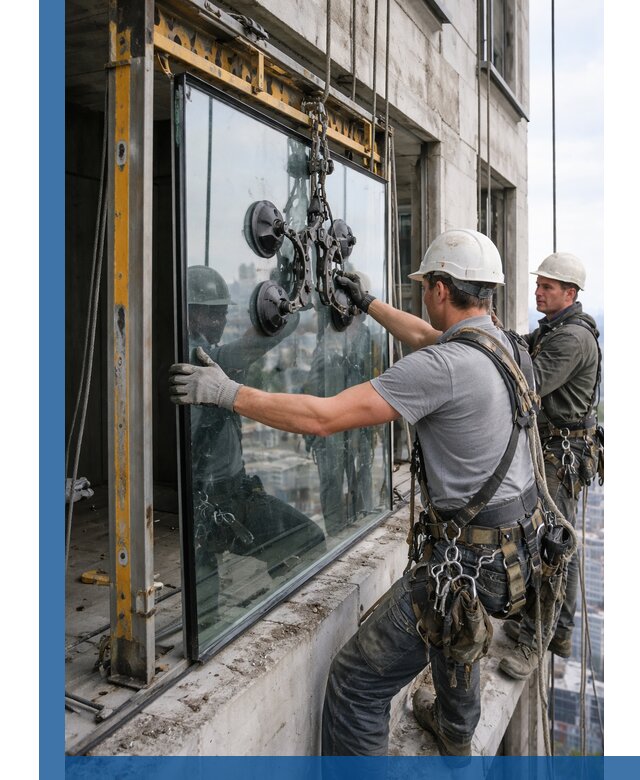 Монтаж стеклопакетов на высоте в Тынде с промышленным альпинизмом