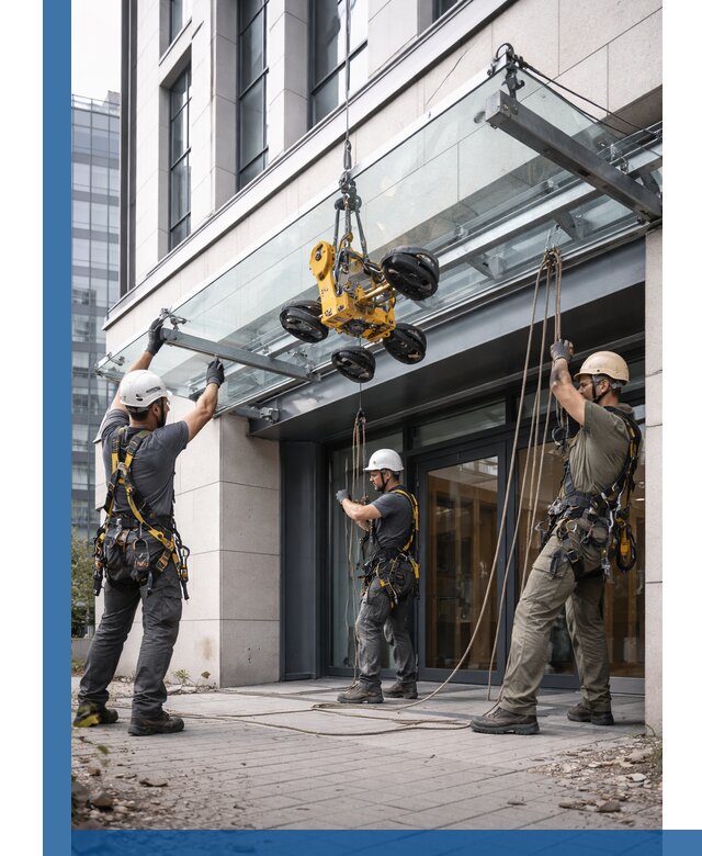 Монтаж стеклянных козырьков под ключ в Тынде для зданий