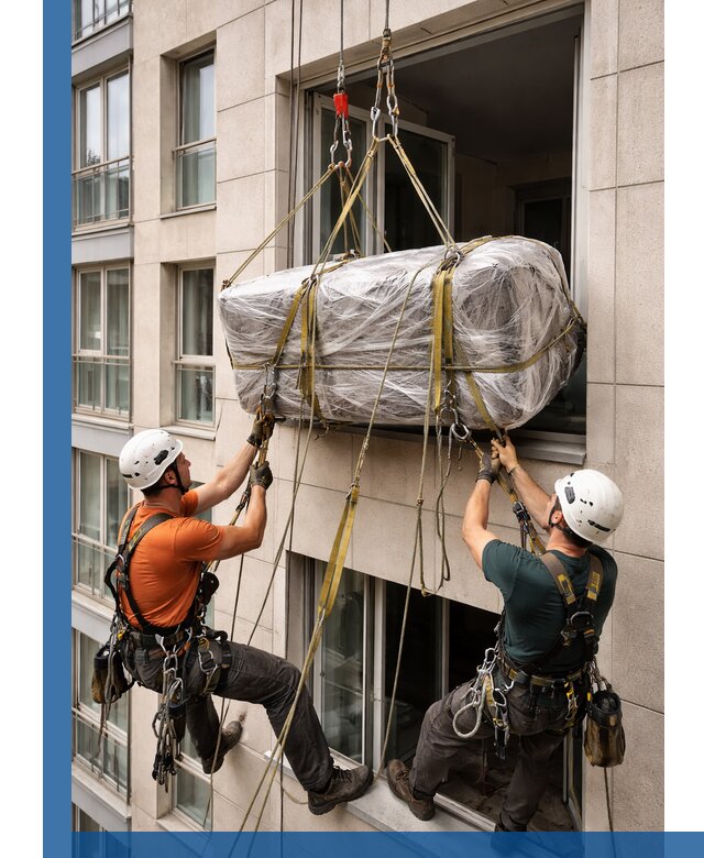 Подъем грузов через окно в Тынде промышленными альпинистами