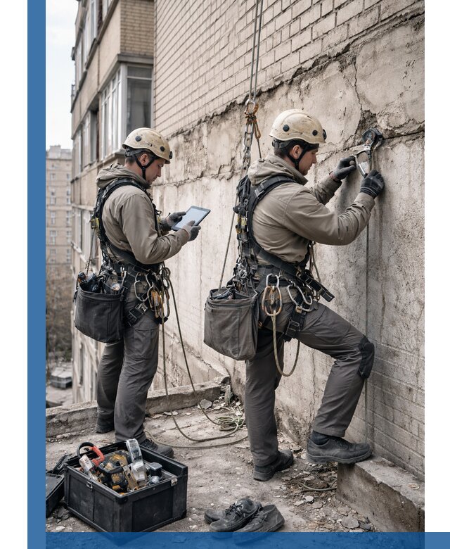 Обследование фасада промышленными альпинистами в Тынде